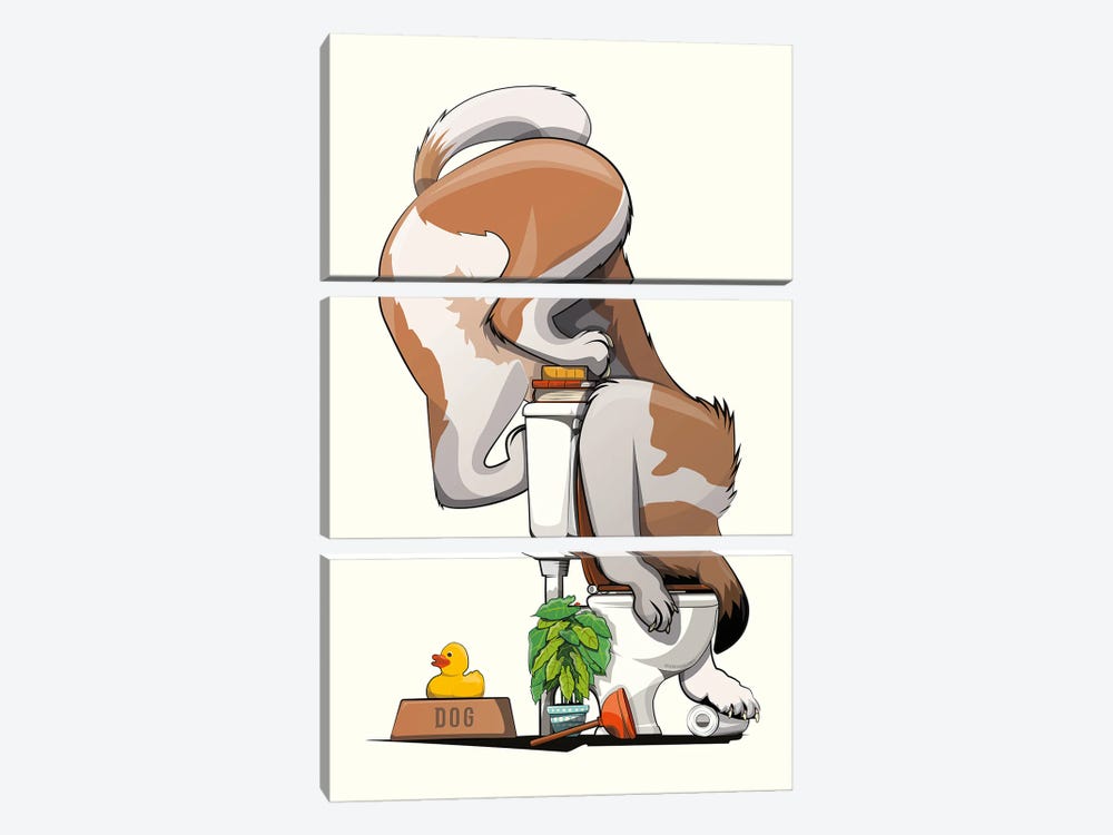 St Bernard Dog Drinking From Toilet by WyattDesign 3-piece Canvas Art