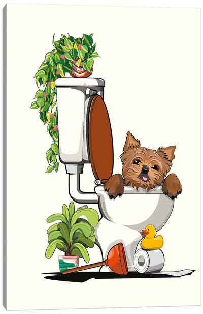 Yorkshire Terrier Dog In The Toilet Canvas Art Print - WyattDesign