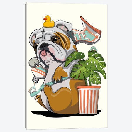 Bulldog Dog Cleaning Teeth Canvas Print #WYD265} by WyattDesign Canvas Print