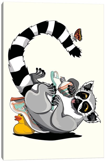 Ring Tailed Lemur Cleaning Teeth Canvas Art Print - Lemur Art