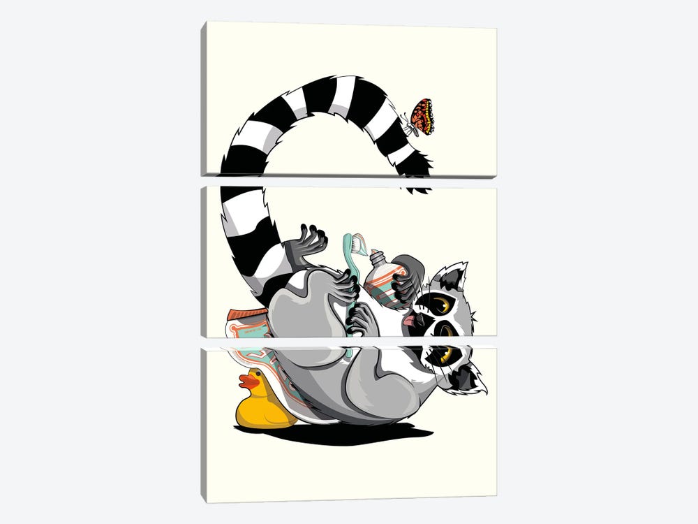 Ring Tailed Lemur Cleaning Teeth by WyattDesign 3-piece Canvas Wall Art