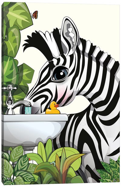 Zebra Drinking From Bathroom Sink Canvas Art Print - WyattDesign