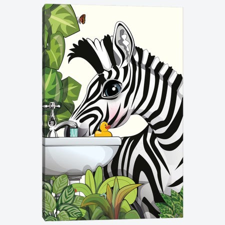 Zebra Drinking From Bathroom Sink Canvas Print #WYD274} by WyattDesign Canvas Art