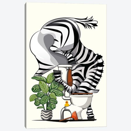 Zebra Drinking From Bathroom Toilet Canvas Print #WYD275} by WyattDesign Canvas Artwork