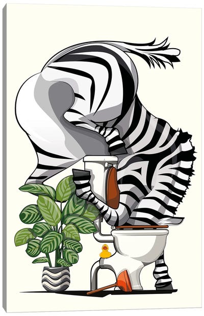 Zebra Drinking From Bathroom Toilet Canvas Art Print - Zebra Art