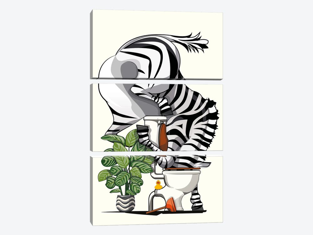 Zebra Drinking From Bathroom Toilet by WyattDesign 3-piece Canvas Print