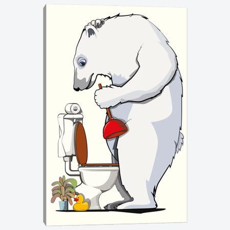 Polar Bear Unblocking Toilet Canvas Print #WYD283} by WyattDesign Canvas Wall Art