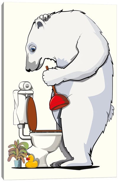 Polar Bear Unblocking Toilet Canvas Art Print - WyattDesign