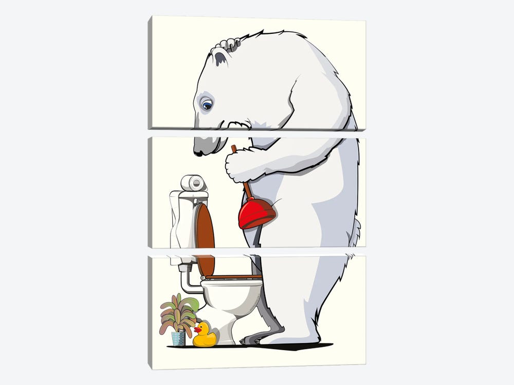 Polar Bear Unblocking Toilet by WyattDesign 3-piece Canvas Wall Art