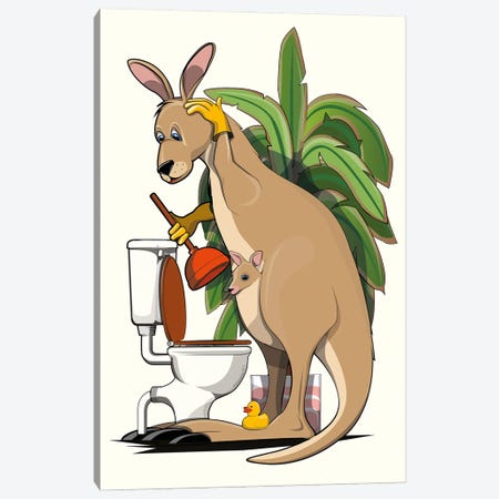 Kangaroo Cleaning The Toilet Canvas Print #WYD291} by WyattDesign Art Print