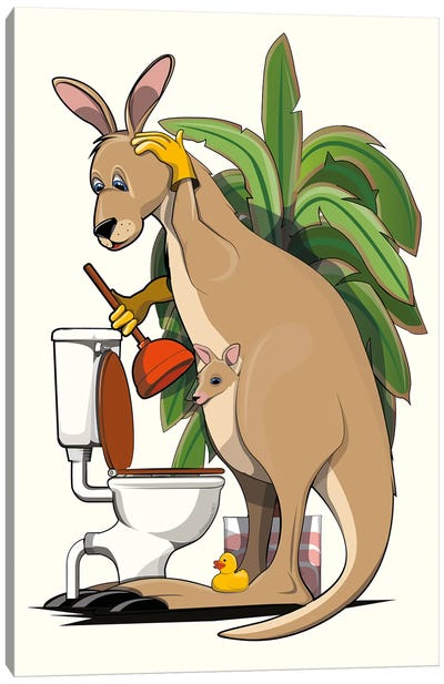 Kangaroo Cleaning The Toilet Canvas Art Print - Kangaroo Art