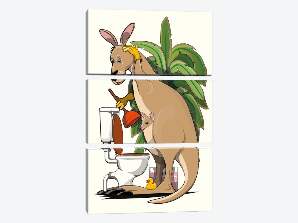 Kangaroo Cleaning The Toilet by WyattDesign 3-piece Canvas Art Print