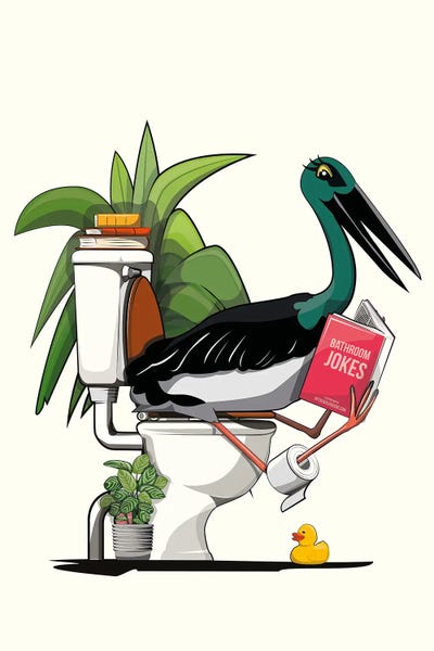 Black Stork Using Toilet by WyattDesign art print