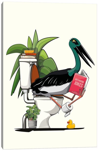 Black Stork Using Toilet Canvas Art Print - Stork Art