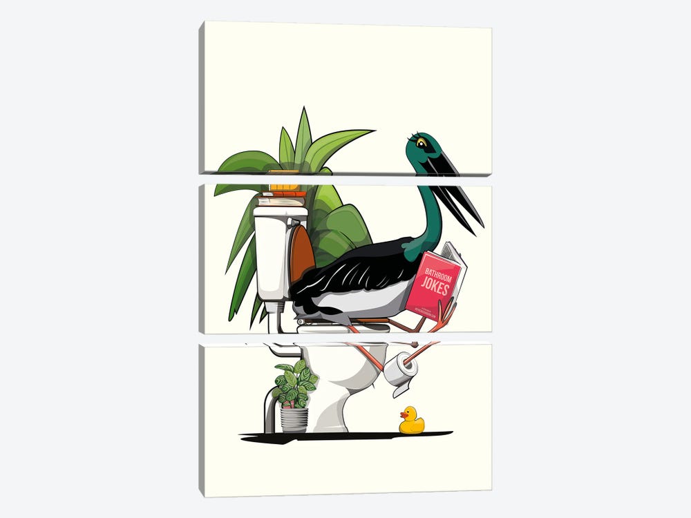 Black Stork Using Toilet by WyattDesign 3-piece Canvas Art Print