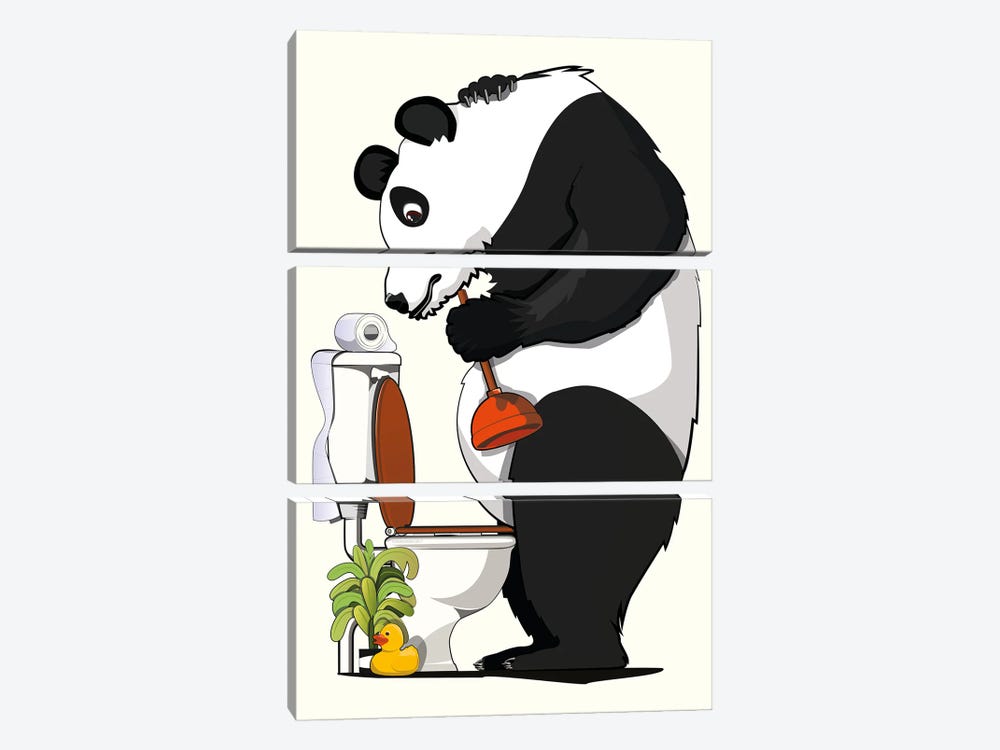 Panda Bear Cleaning Toilet by WyattDesign 3-piece Canvas Art Print
