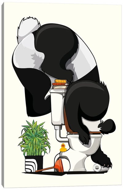 Panda Bear Drinking From Toilet Canvas Art Print - Panda Art