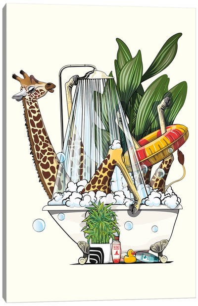 Giraffe In The Bath Canvas Art Print - WyattDesign