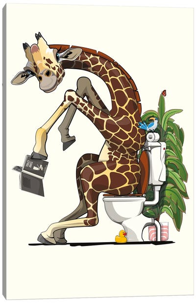 Giraffe Using The Toilet Canvas Art Print - WyattDesign