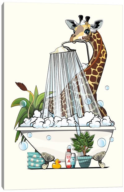 Giraffe In The Shower Canvas Art Print - WyattDesign