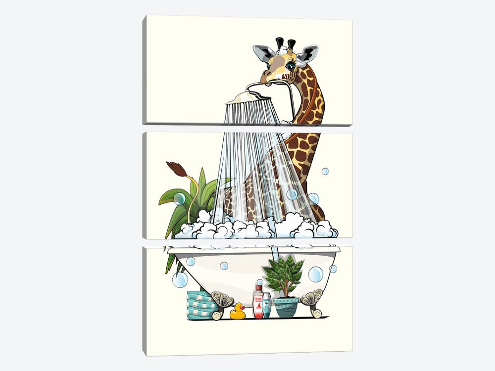 Giraffe In The Shower by WyattDesign 3-piece Art Print