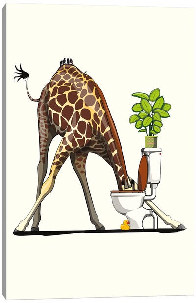 Giraffe Drinking From The Toilet Canvas Art Print - WyattDesign