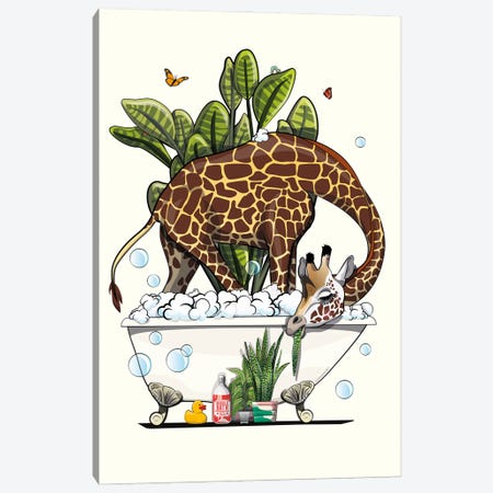 Giraffe In The Bath, Eating Plant Canvas Print #WYD305} by WyattDesign Canvas Wall Art
