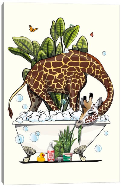 Giraffe In The Bath, Eating Plant Canvas Art Print - WyattDesign