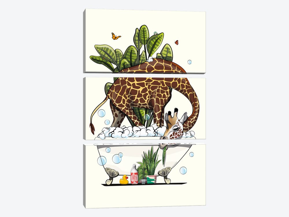Giraffe In The Bath, Eating Plant by WyattDesign 3-piece Canvas Print