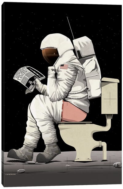 Moon Astronaut On The Toilet Canvas Art Print - Bathroom Humor Art