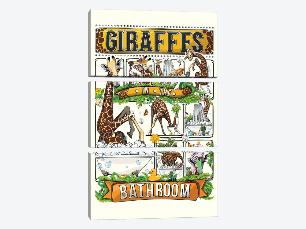 Giraffes In The Bathroom by WyattDesign 3-piece Canvas Art Print