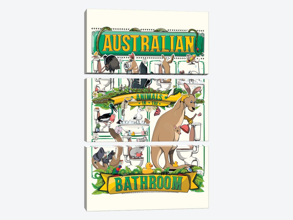Australian Animals In The Bathroom by WyattDesign 3-piece Canvas Art Print