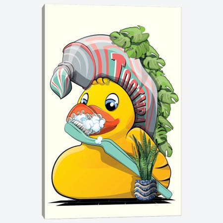 Rubber Duck Brushing Teeth Canvas Print #WYD319} by WyattDesign Canvas Wall Art