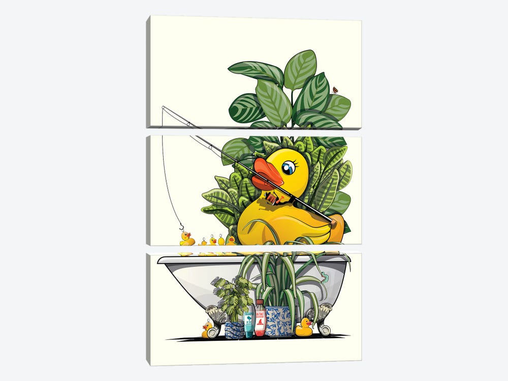 Rubber Duck Fishing In Bathtub by WyattDesign 3-piece Art Print