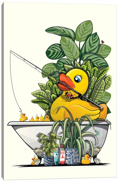 Rubber Duck Fishing In Bathtub Canvas Art Print - WyattDesign