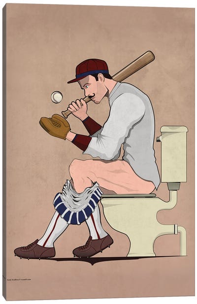 Baseball Player On The Toilet Canvas Art Print - Dad Jokes