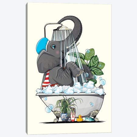 Elephant In The Shower Canvas Print #WYD348} by WyattDesign Canvas Art Print