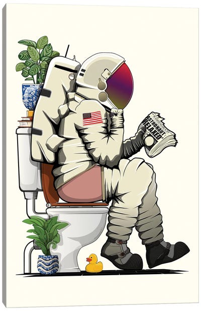 Space Astronaut On The Toilet Canvas Art Print - Astronaut Art
