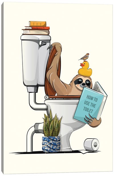 Sloth On The Toilet Canvas Art Print - Sloth Art