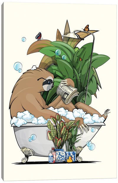 Sloth Reading In The Bath Canvas Art Print - WyattDesign