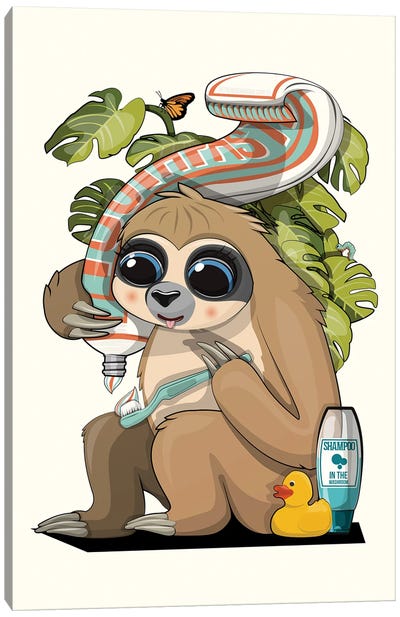 Sloth Cleaning Teeth In Bathroom Canvas Art Print - Sloth Art