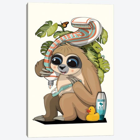 Sloth Cleaning Teeth In Bathroom Canvas Print #WYD371} by WyattDesign Canvas Artwork