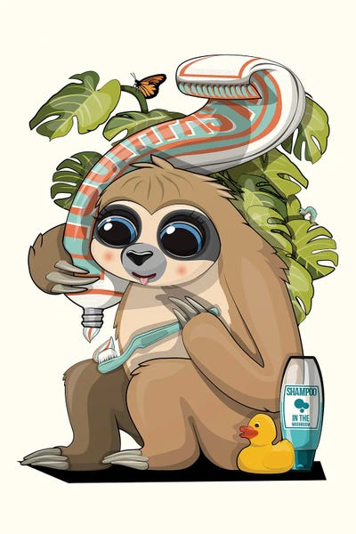Sloths: Sloth Cleaning Teeth In Bathroom by WyattDesign