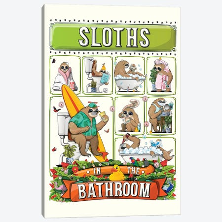 Sloths In The Bathroom Canvas Print #WYD372} by WyattDesign Canvas Wall Art