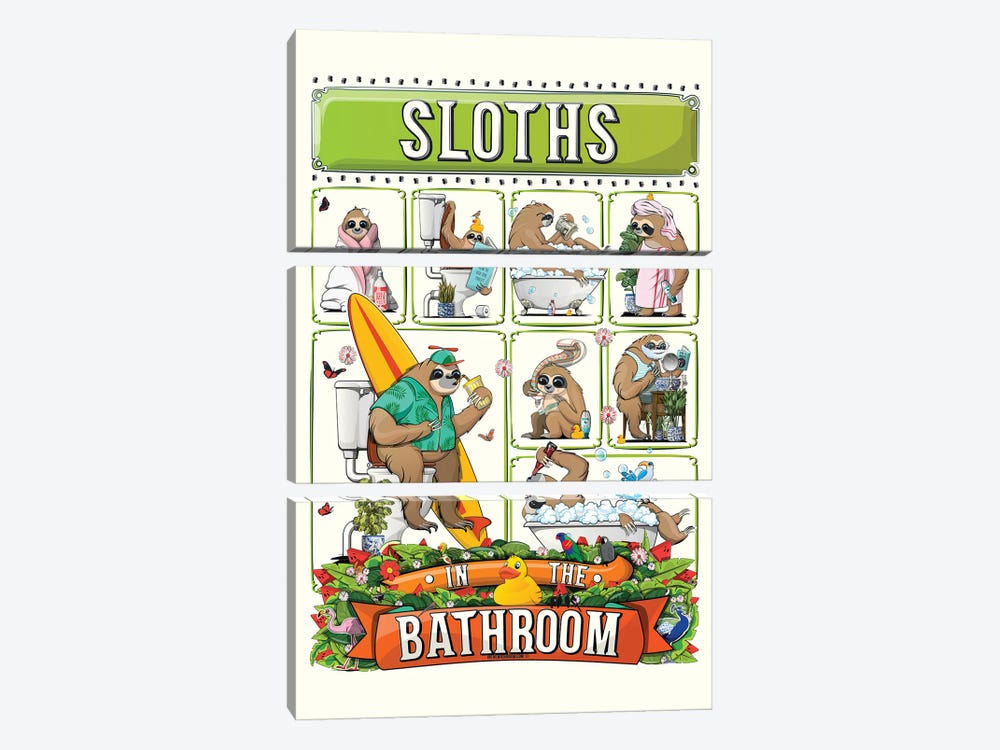 Sloths In The Bathroom by WyattDesign 3-piece Canvas Art Print