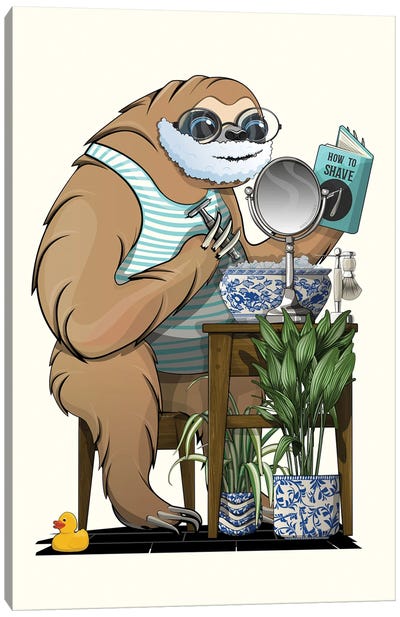 Sloth Shaving Beard In Bathroom Canvas Art Print - Sloth Art