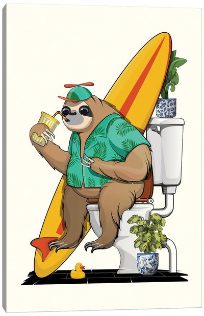 Sloth Using The Toilet Canvas Art Print - Sloth Art