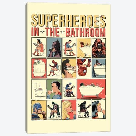 Superheroes In The Bathroom Canvas Print #WYD384} by WyattDesign Canvas Artwork