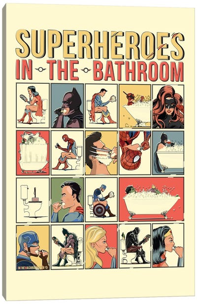 Superheroes In The Bathroom Canvas Art Print - Crude Humor Art