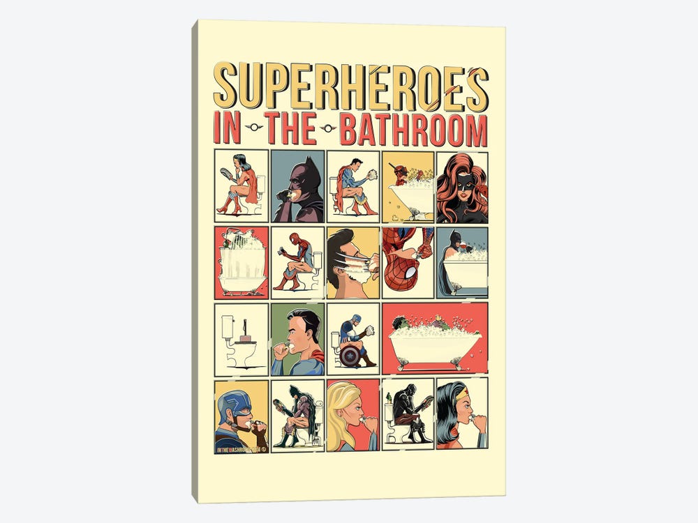 Superheroes In The Bathroom by WyattDesign 1-piece Canvas Wall Art